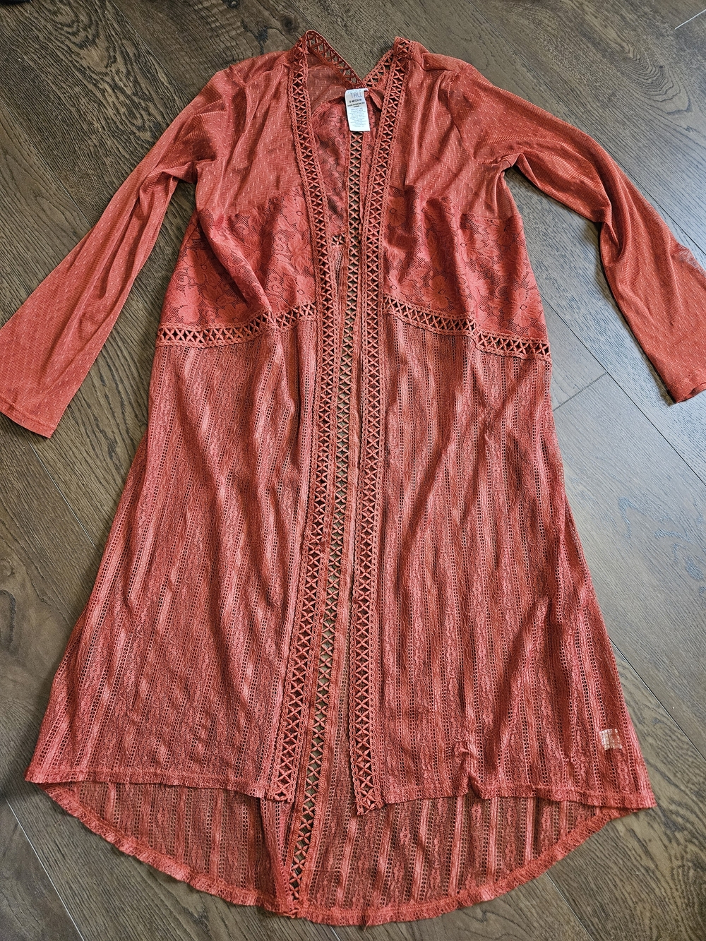 Time and Tru Burnt Orange Crochet-Trim Long Lace Kimono